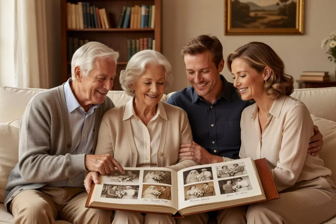 Couple âgé feuilletant un album de mariage avec un jeune couple à côté d'eux