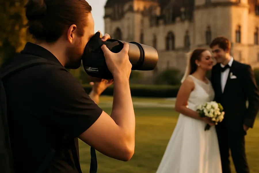 Photographe professionnel au travail lors d'un mariage en Europe de l'Est, château en arrière-plan