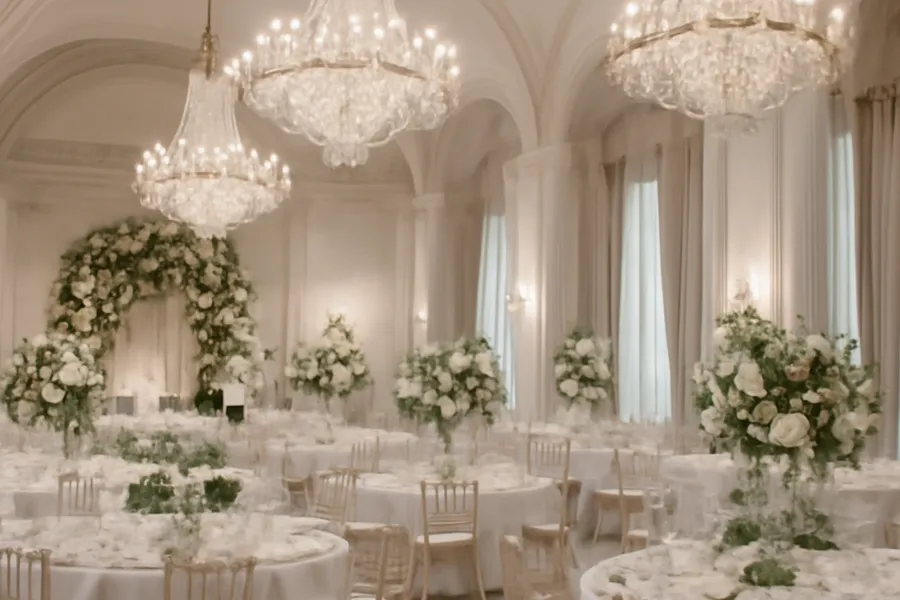 Grande salle de réception dans un domaine d'Europe de l'Est, décoration élégante pour 80 convives