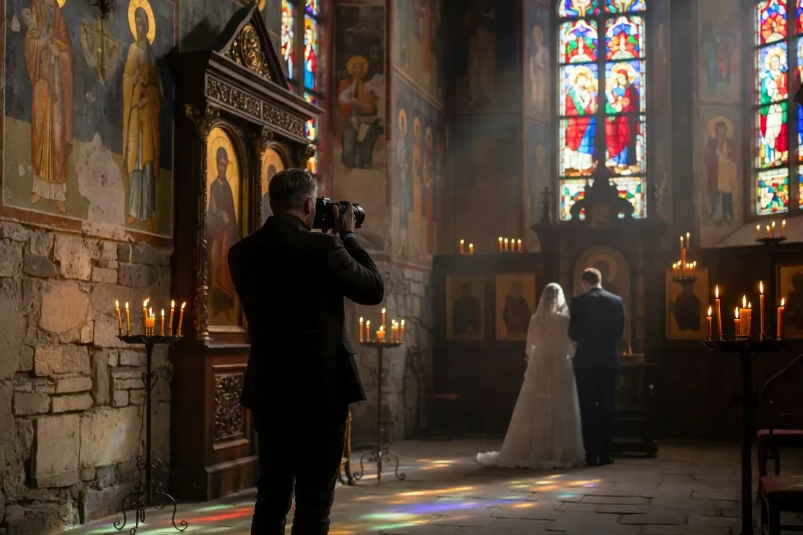 Photographe en action lors d'une cérémonie orthodoxe à Vilnius