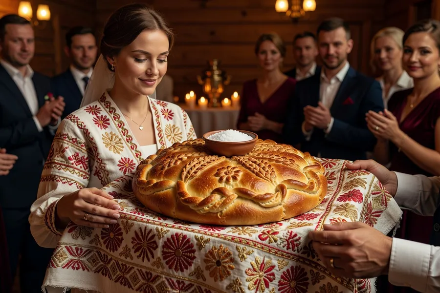 Tradition du kalatch lors d'un mariage russe, pain rituel brodé tenu par les parents des mariés