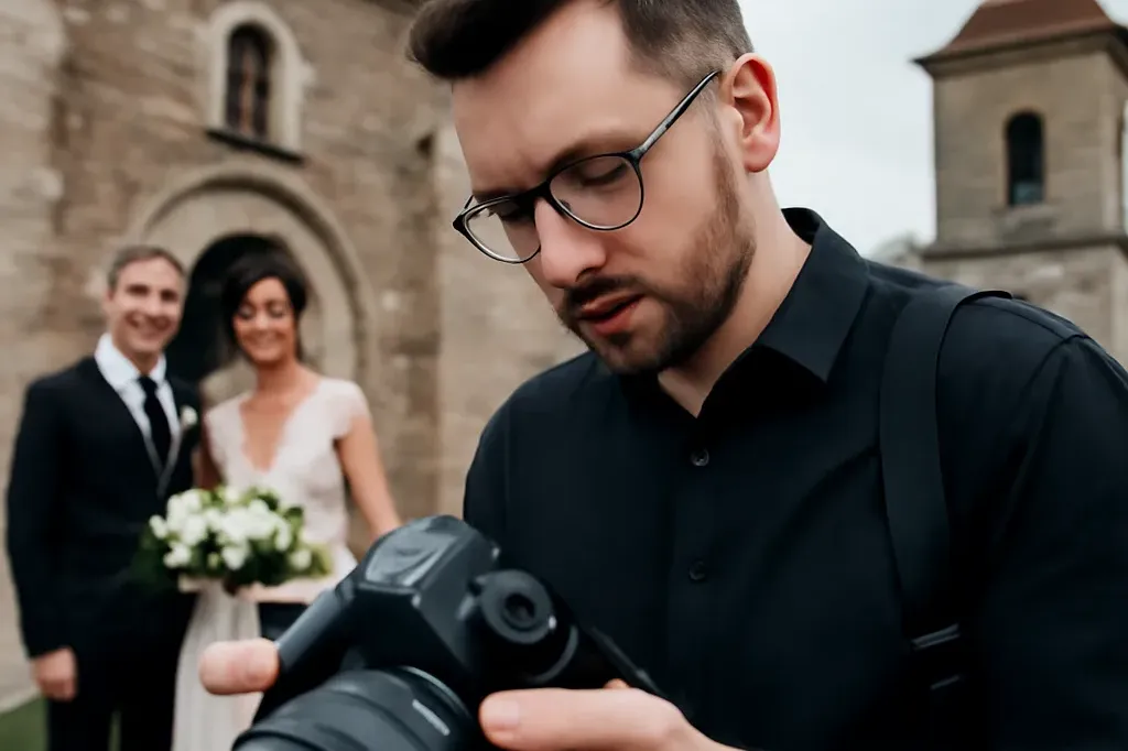 Thomas Vidal vérifiant ses réglages lors d'un mariage en campagne polonaise, matériel professionnel