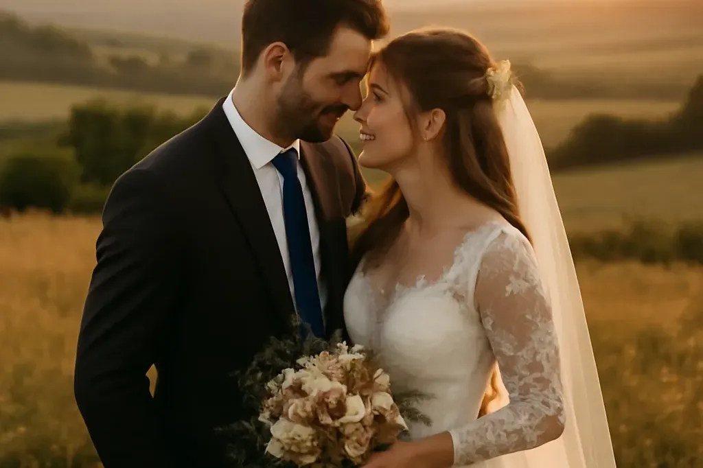 Portrait romantique d'un couple lors d'un destination wedding en Hongrie, lumière heure dorée