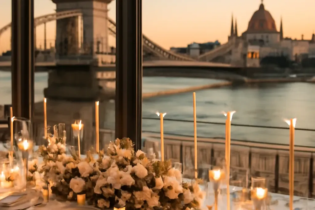 Vue sur le Danube depuis un lieu de réception de mariage à Budapest au coucher du soleil