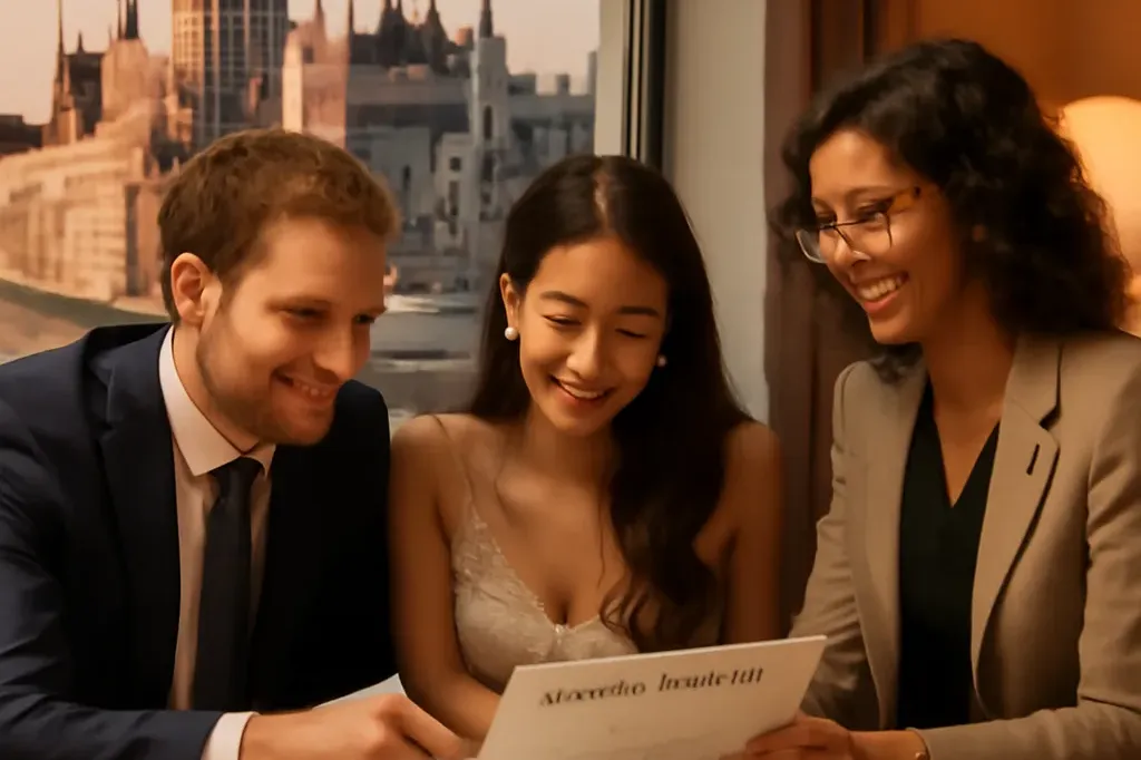 Couple international avec leur wedding planner lors d'une séance de planification à Budapest