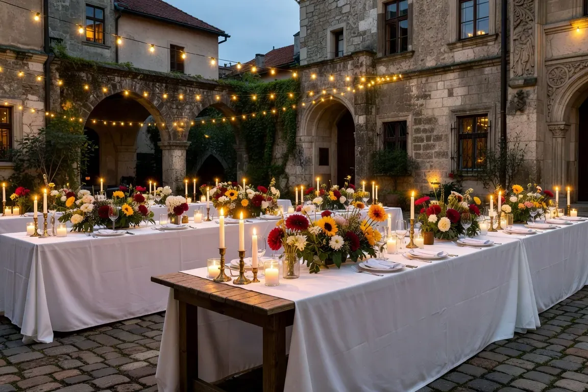 Réception de mariage en cour intérieure du vieux Lviv au crépuscule