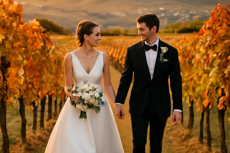 Domaine viticole de Tokaj, vignes en automne, couple en séance photo de mariage