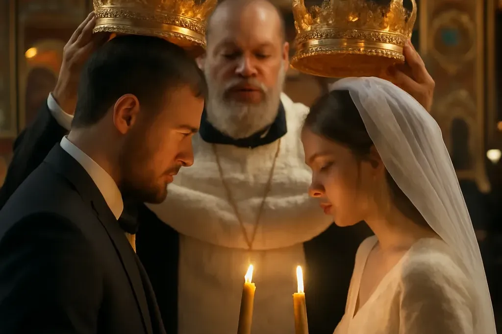 Cérémonie du couronnement orthodoxe, couronnes dorées au-dessus des mariés, lumière de bougies
