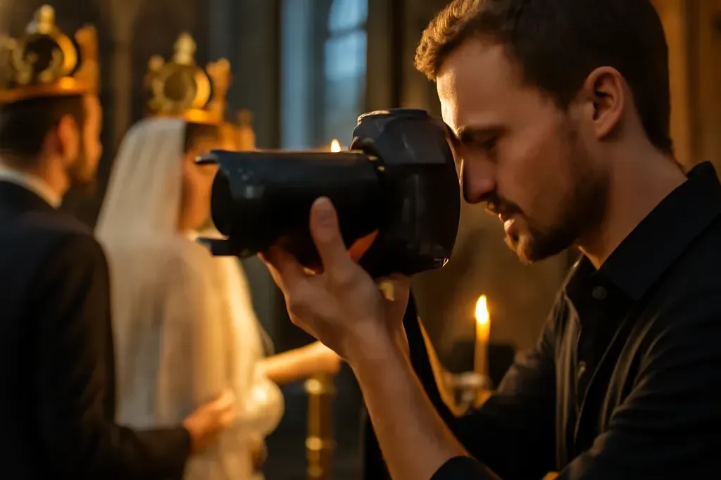Photographe professionnel au travail dans une église orthodoxe à la lumière des bougies