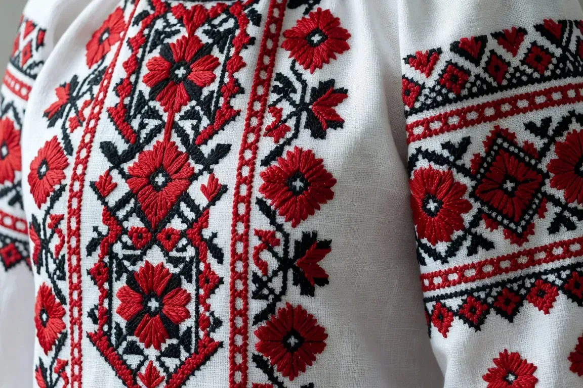 Détail de la broderie sorochka ukrainienne sur une robe vyshyvanka