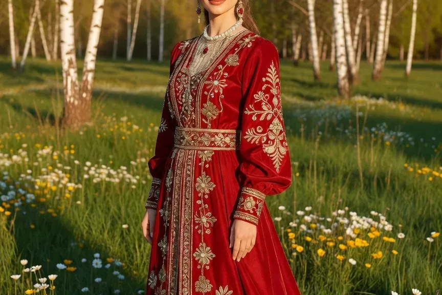 Mariée russe en sarafan rouge et kokoshnik en extérieur, fin de printemps