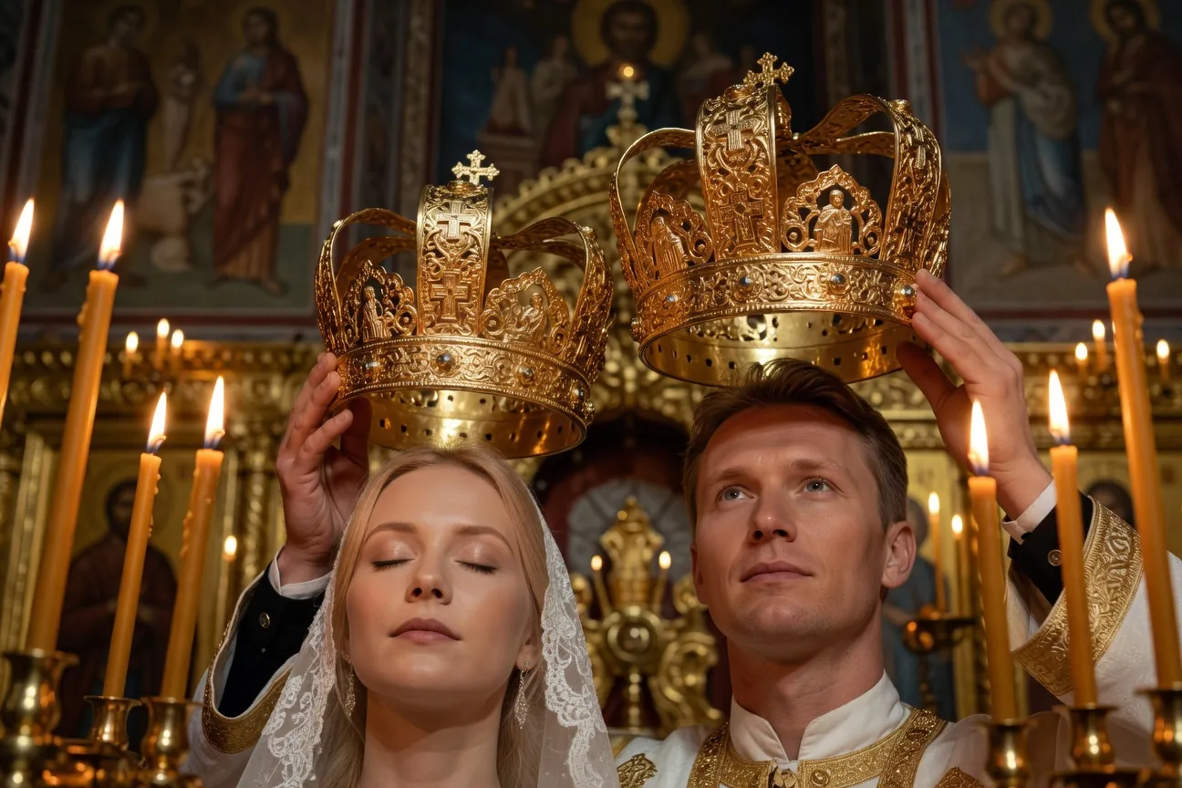 Détail des couronnes orthodoxes au-dessus des mariés pendant la cérémonie