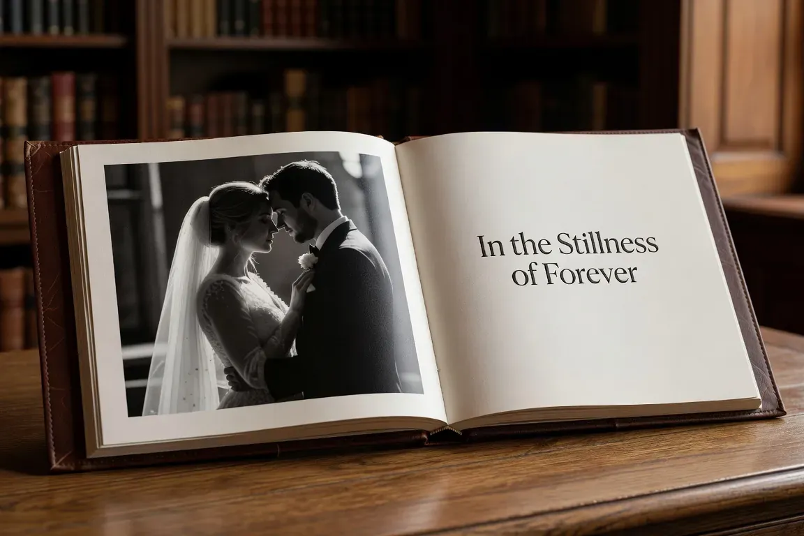 Album de mariage en cuir ouvert sur une double page imprimée