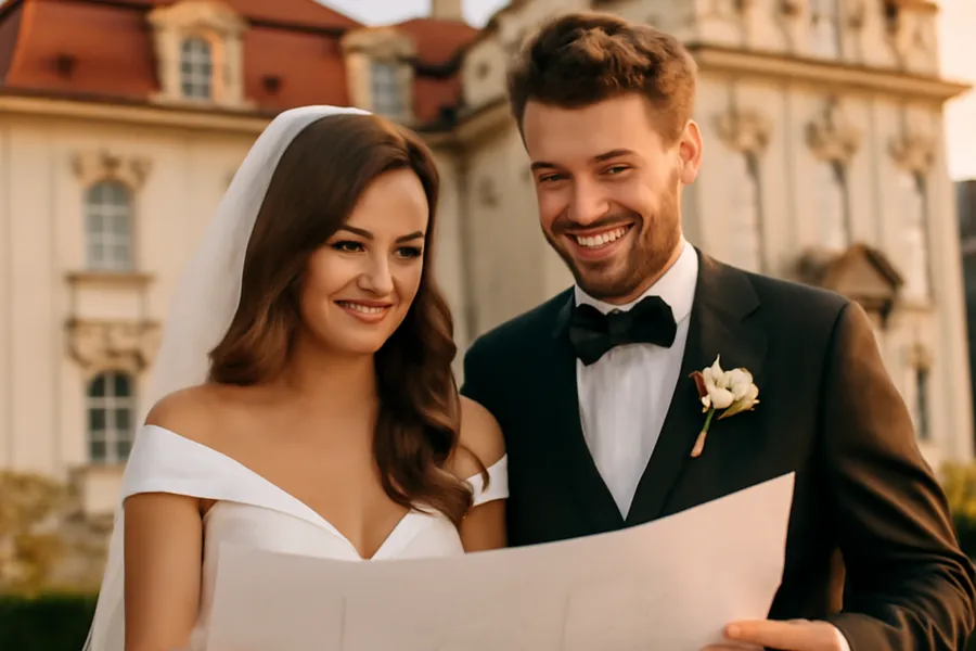 Couple souriant qui consulte leur budget mariage, bâtiment baroque d'Europe de l'Est en arrière-plan