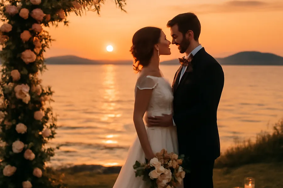Mariage au coucher du soleil sur les rives du lac Balaton en Hongrie