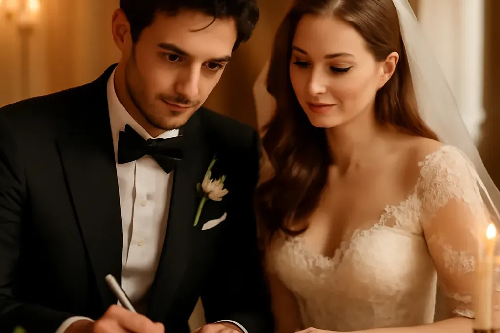 Couple franco-slave signant les documents de mariage lors d'une cérémonie élégante