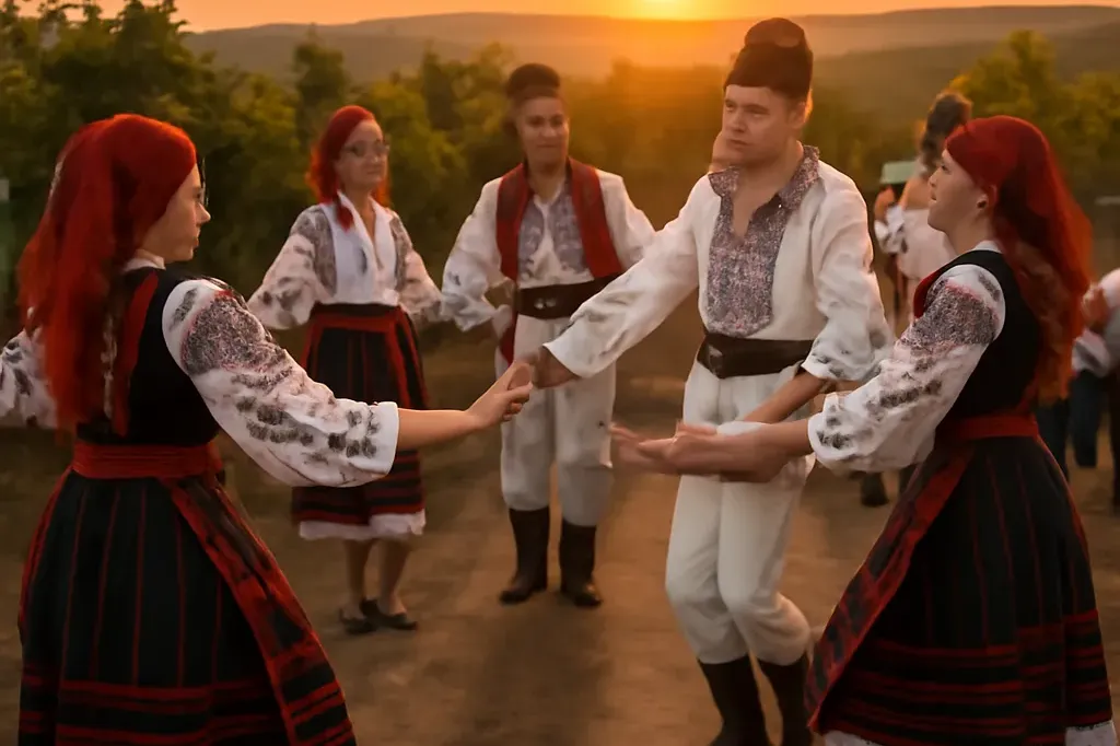 Danse hora lors d'un mariage moldave traditionnel dans un vignoble au coucher du soleil