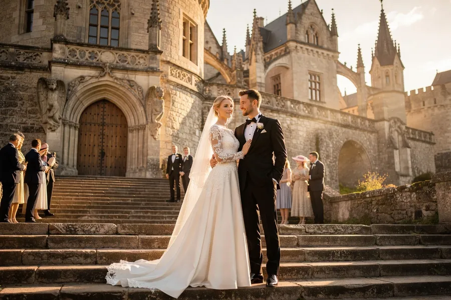 Cérémonie de mariage devant le château de Bojnice en Slovaquie au coucher du soleil