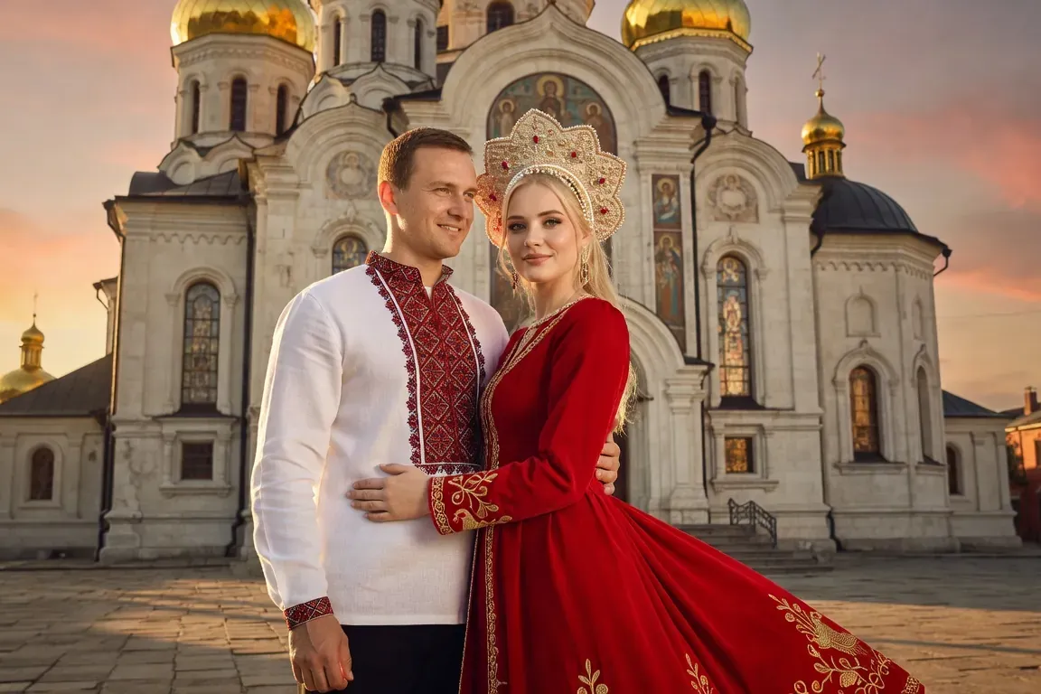 Couple slave en habit traditionnel devant une cathédrale orthodoxe au coucher du soleil