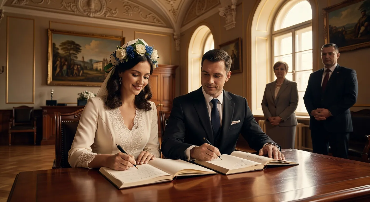 Cérémonie religieuse traditionnelle en Europe de l'Est avec couple devant l'iconostase