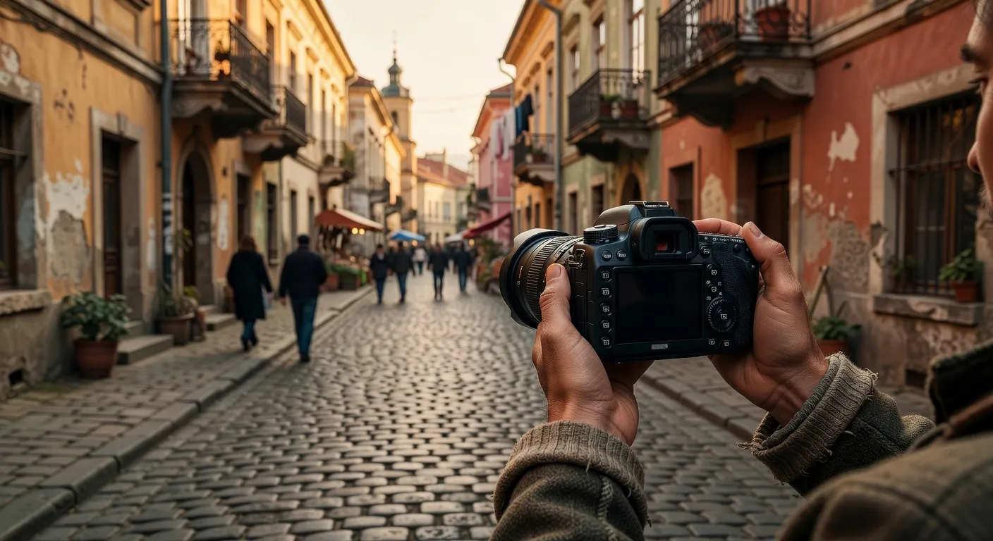 Photographe préparant son matériel de mariage dans un aéroport européen avant un vol vers l'Europe de l'Est