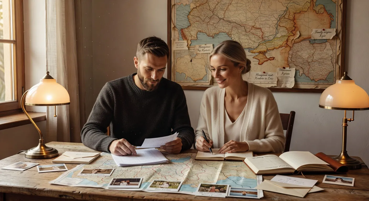 Bureau avec contrats de mariage, calendrier et documents de planification internationale