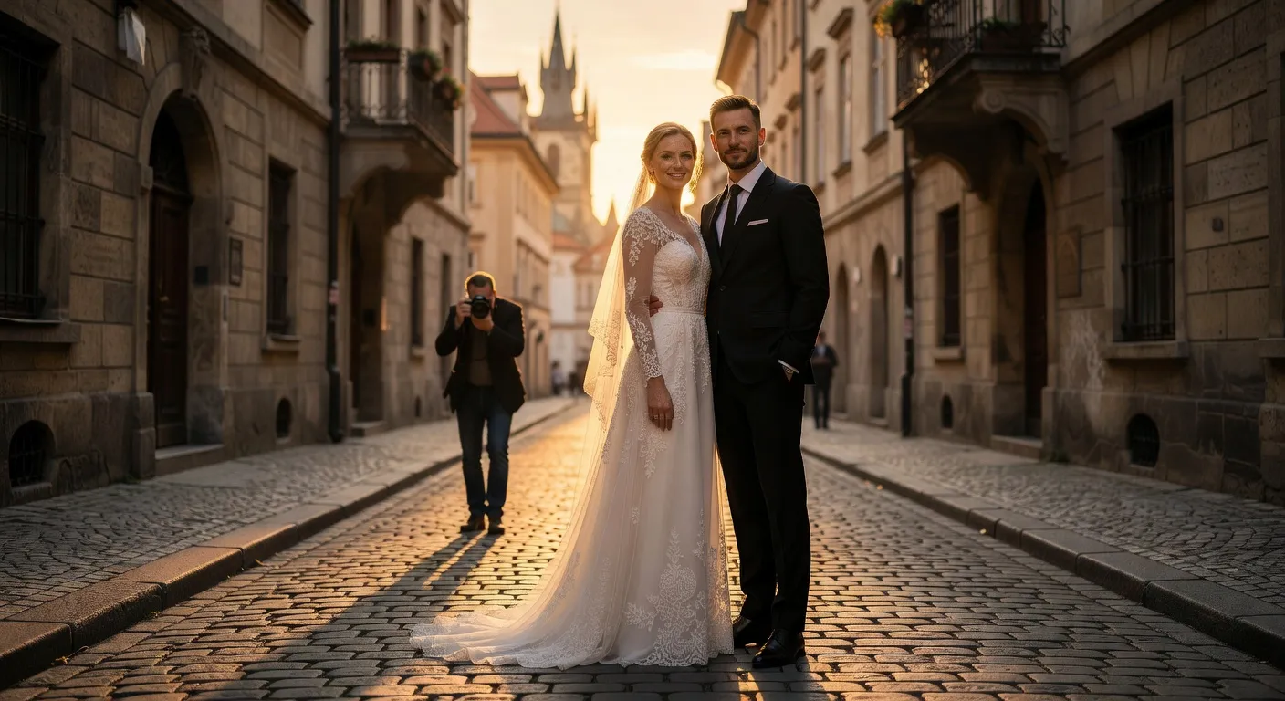 Mariés en séance couple en extérieur, lumière dorée en fin de journée, Europe centrale