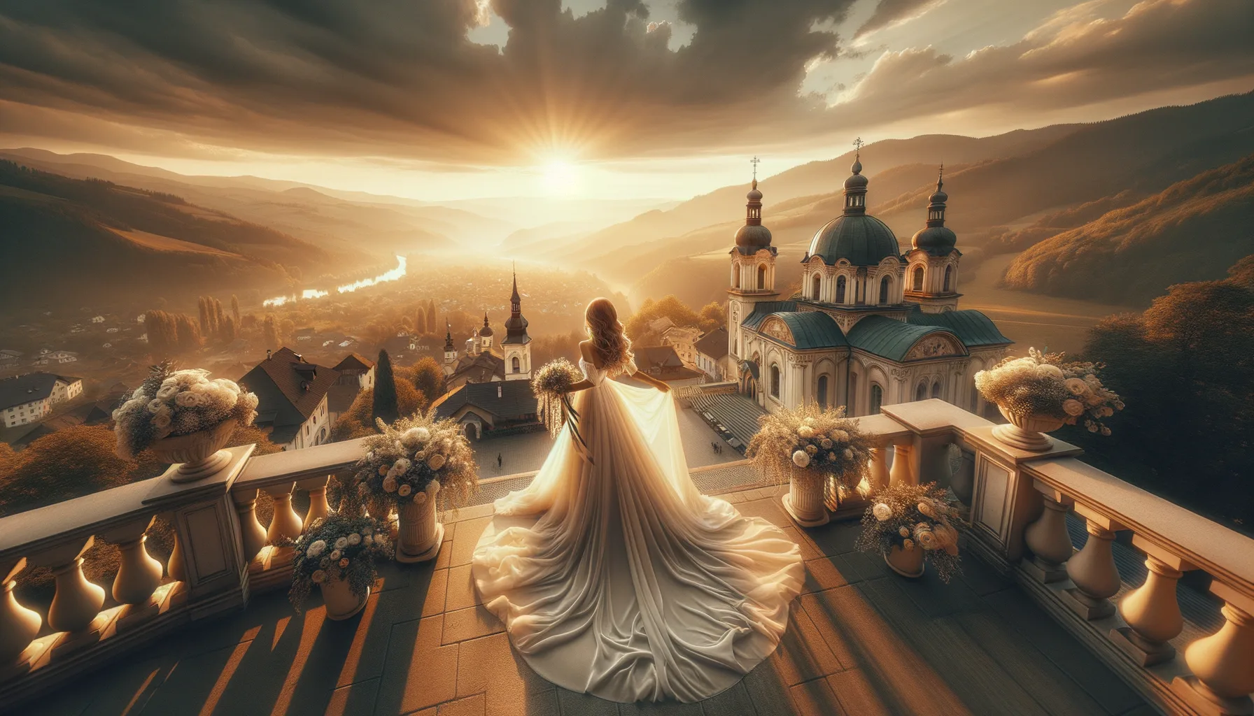 Panorama de mariages traditionnels en Europe de l'Est au coucher du soleil