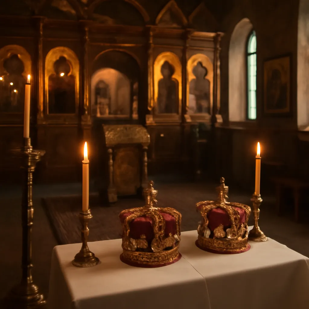 Cérémonie religieuse orthodoxe de mariage en Europe de l'Est avec couronnes traditionnelles