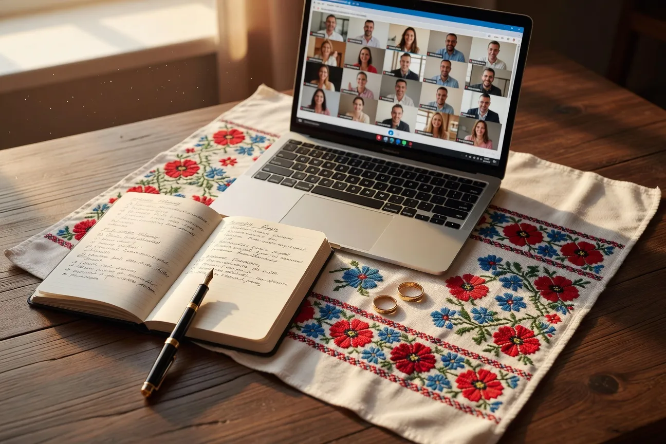 Espace de planification de mariage avec ordinateur, carnet et décor traditionnel slave
