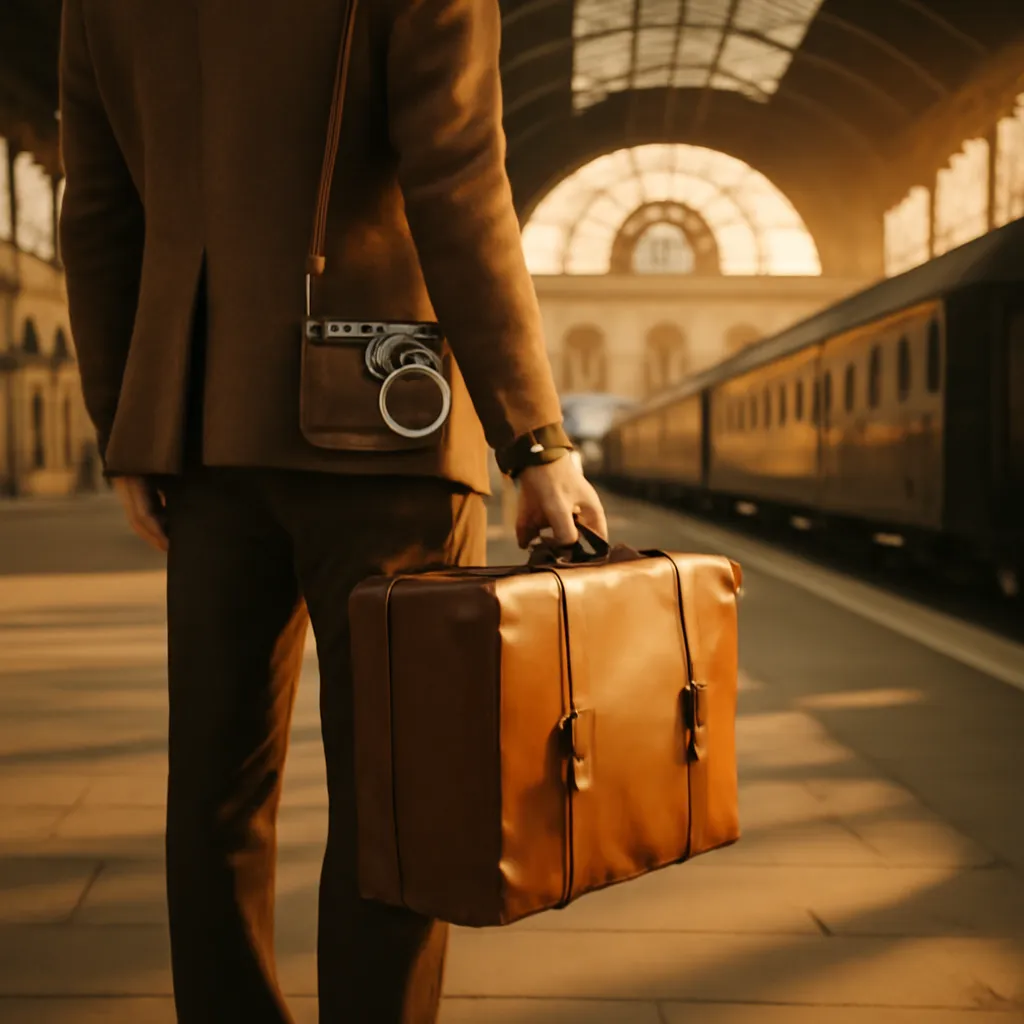 Photographe de mariage voyageur avec valise et matériel dans une gare d'Europe de l'Est