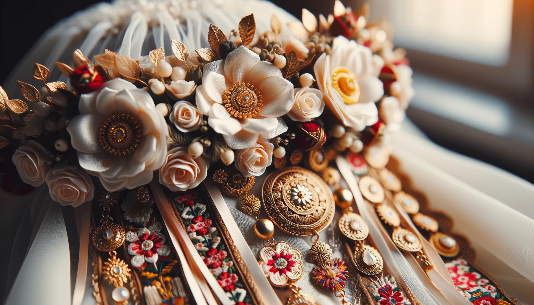 Détails de broderies traditionnelles sur une robe de mariée